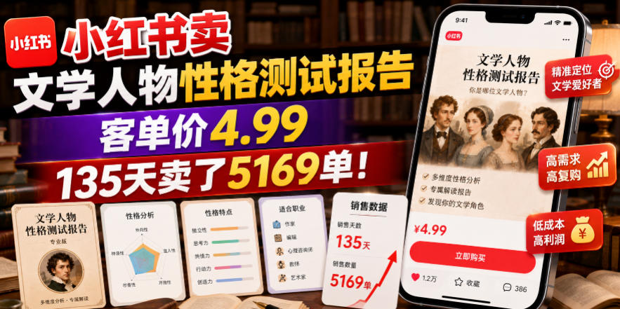 小红书卖文学人物性格测试报告,客单价4.99,135天卖了5169单!-网赚36计