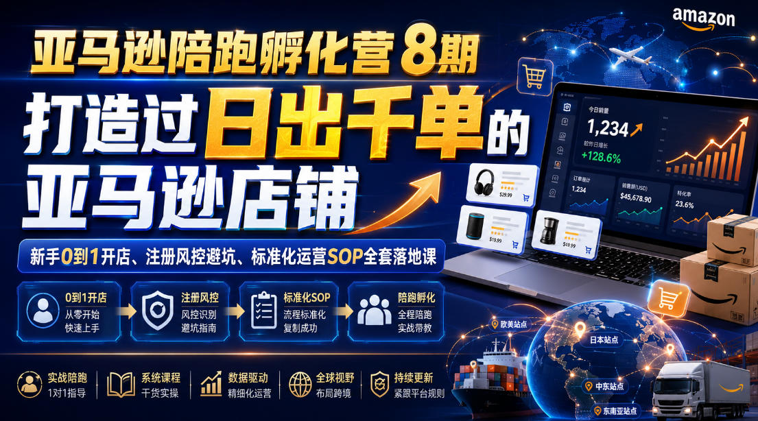 亚马逊陪跑孵化营8期，打造过日出千单的亚马逊店铺，新手0到1开店、注册风控避坑、标准化运营SOP全套落地课-网赚36计