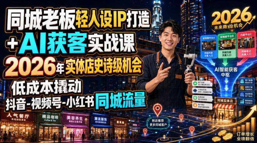 同城老板轻人设IP打造+AI获客实战课,2026年实体店史诗级机会,低成本撬动抖音-视频号-小红书同城流量-网赚36计