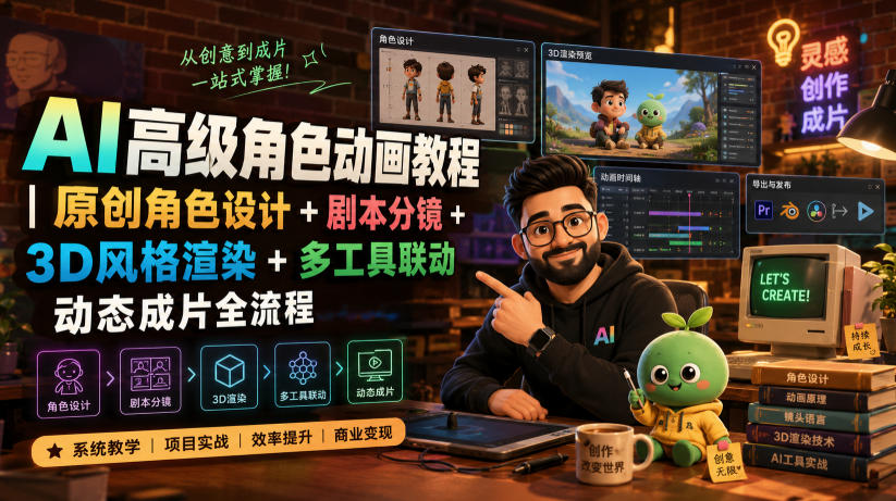 AI高级角色动画教程｜原创角色设计+剧本分镜+3D风格渲染+多工具联动动态成片全流程【中英字幕】-网赚36计