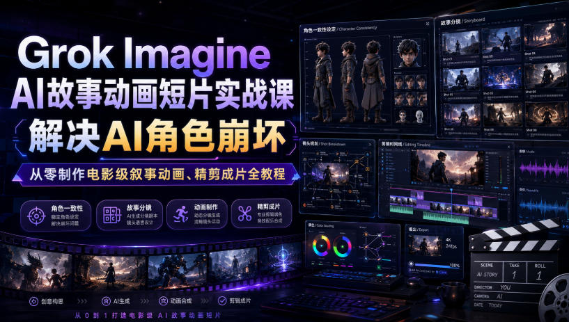 Grok Imagine AI故事动画短片实战课｜解决AI角色崩坏，从零制作电影级叙事动画、精剪成片全教程（中英字幕）-网赚36计