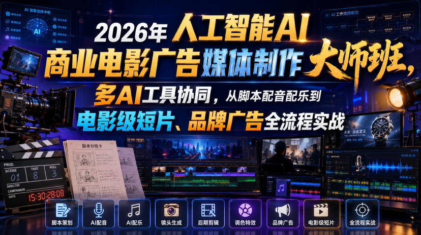 2026年人工智能AI商业电影广告媒体制作大师班，多AI工具协同，从脚本配音配乐到电影级短片、品牌广告全流程实战（中英字幕）-网赚36计