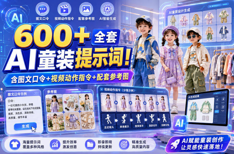 600+全套AI童装提示词！含图文口令+视频动作指令+配套参考图，Word-Excel规整分类，童装电商、种草无脑量产内容！-网赚36计