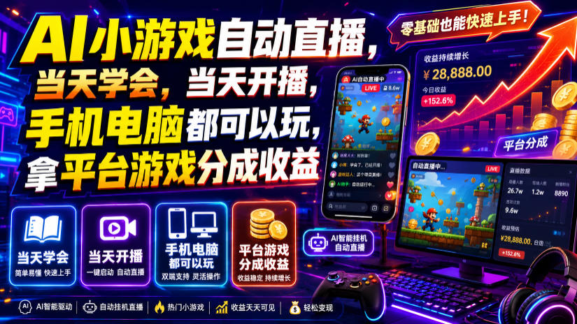 AI小游戏自动直播,当天学会,当天开播,手机电脑都可以玩,拿平台游戏分成收益-网赚36计