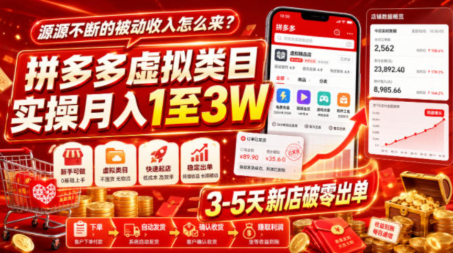源源不断的被动收入怎么来?拼多多虚拟类目实操月入1至3W,3-5天新店破零出单-网赚36计