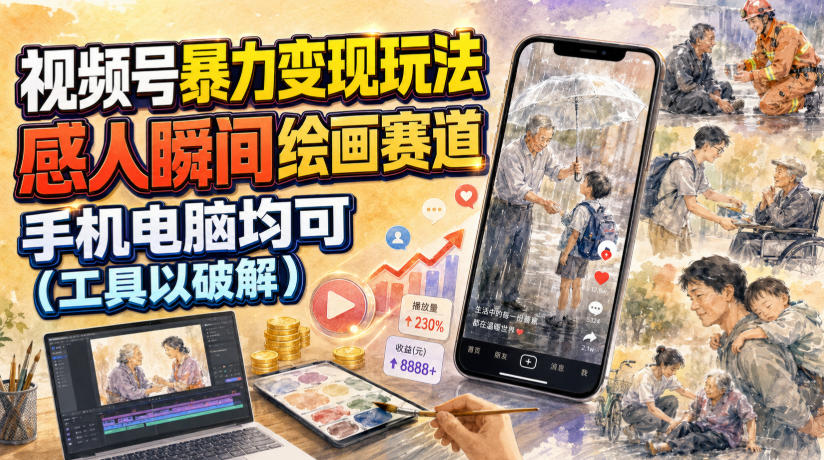 视频号暴力变现玩法,感人瞬间绘画赛道,手机电脑均可-网赚36计