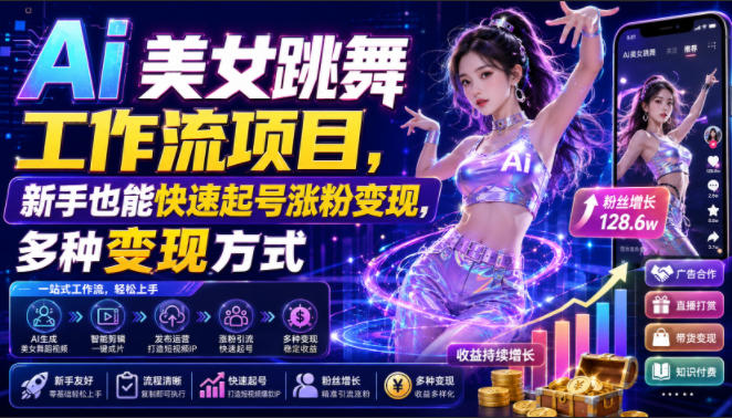 Ai美女跳舞工作流项目,新手也能快速起号涨粉变现,多种变现方式-网赚36计