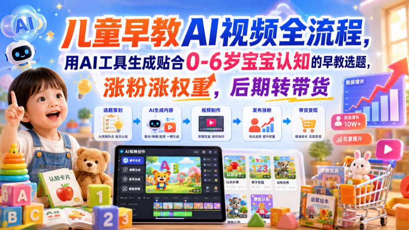儿童早教AI视频全流程,用AI工具生成贴合0-6岁宝宝认知的早教选题,涨粉涨权重,后期转带货-网赚36计