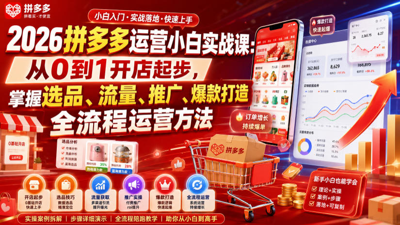 2026拼多多运营小白实战课:从0到1开店起步,掌握选品、流量、推广、爆款打造全流程运营方法-网赚36计