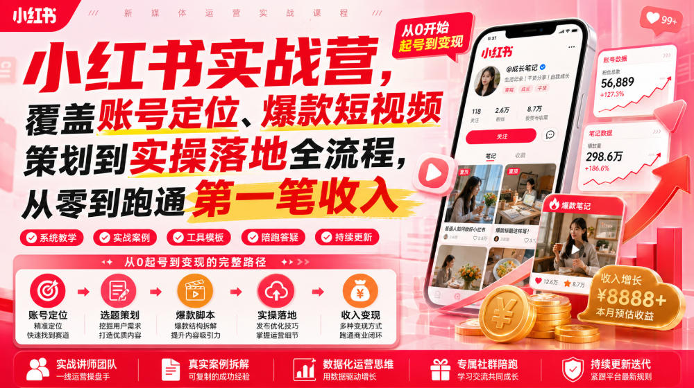 小红书实战营,覆盖账号定位、爆款短视频策划到实操落地全流程,从零到跑通第一笔收入-网赚36计