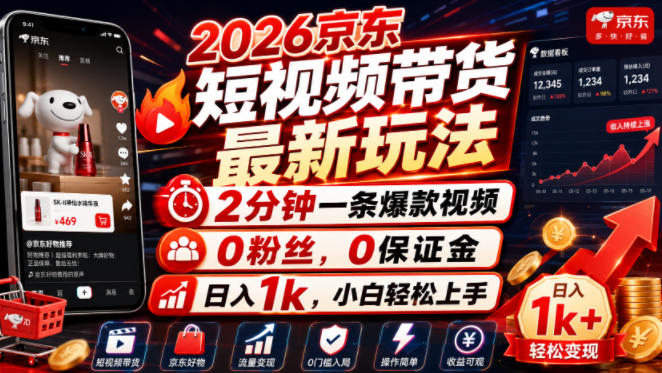 2026京东短视频带货最新玩法，2分钟一条爆款视频，0粉丝，0保证金，日入1k，小白轻松上手【揭秘】-网赚36计