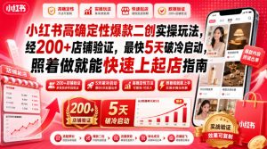 小红书高确定性爆款二创实操玩法，经200+店铺验证，最快5天破冷启动，照着做就能快速上起店指南-网赚36计
