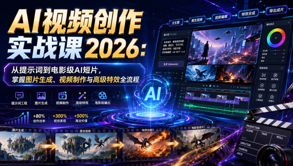 AI视频创作实战课2026：从提示词到电影级AI短片，掌握图片生成、视频制作与高级特效全流程-网赚36计
