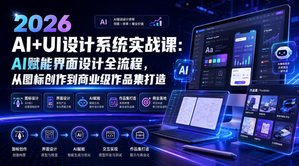 2026 AI+UI设计系统实战课：AI赋能界面设计全流程，从图标创作到商业级作品集打造-网赚36计