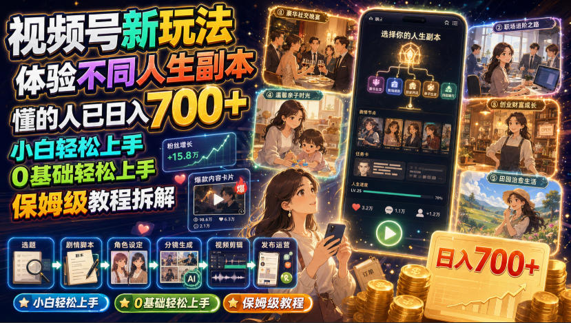 视频号新玩法体验不同人生副本,懂的人已日入700+,小白轻松上手,0基础轻松上手,保姆级教程拆解-网赚36计