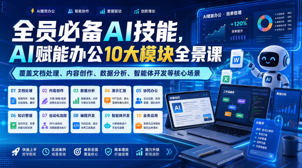 全员必备AI技能,AI赋能办公10大模块全景课,覆盖文档处理、内容创作、数据分析、智能体开发等核心场景-网赚36计