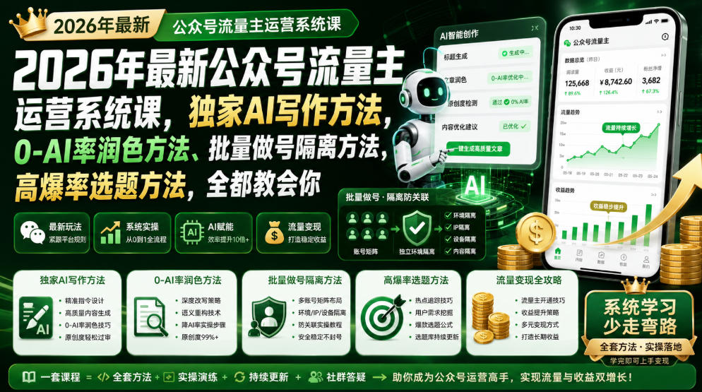 2026年最新公众号流量主运营系统课,独家AI写作方法,0-AI率润色方法、批量做号隔离方法、高爆率选题方法,全都教会你-网赚36计