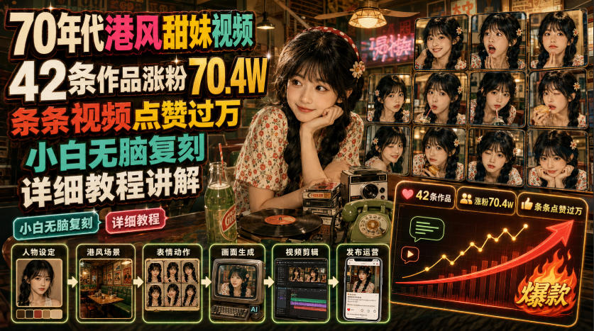 70年代港风甜妹视频，42条作品涨粉70.4W，条条视频点赞过万，小白无脑复刻，详细教程讲解-网赚36计