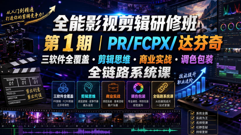 全能影视剪辑研修班第1期|PR/FCPX/达芬奇三软件全覆盖・剪辑思维・商业实战・调色包装全链路系统课-网赚36计