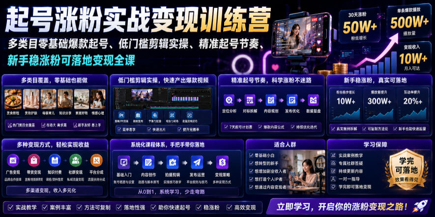 苗子起号涨粉实战变现训练营,多类目零基础爆款起号、精准起号节奏、新手稳涨粉可落地变现全课(更新0719)-网赚36计