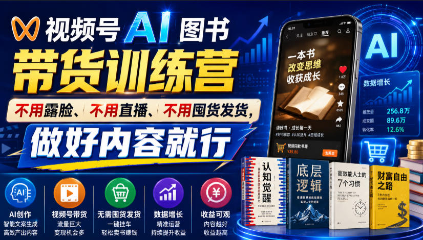 视频号AI图书带货训练营，不用露脸、不用直播、不用囤货发货，做好内容就行，一条爆款视频佣金8942-网赚36计