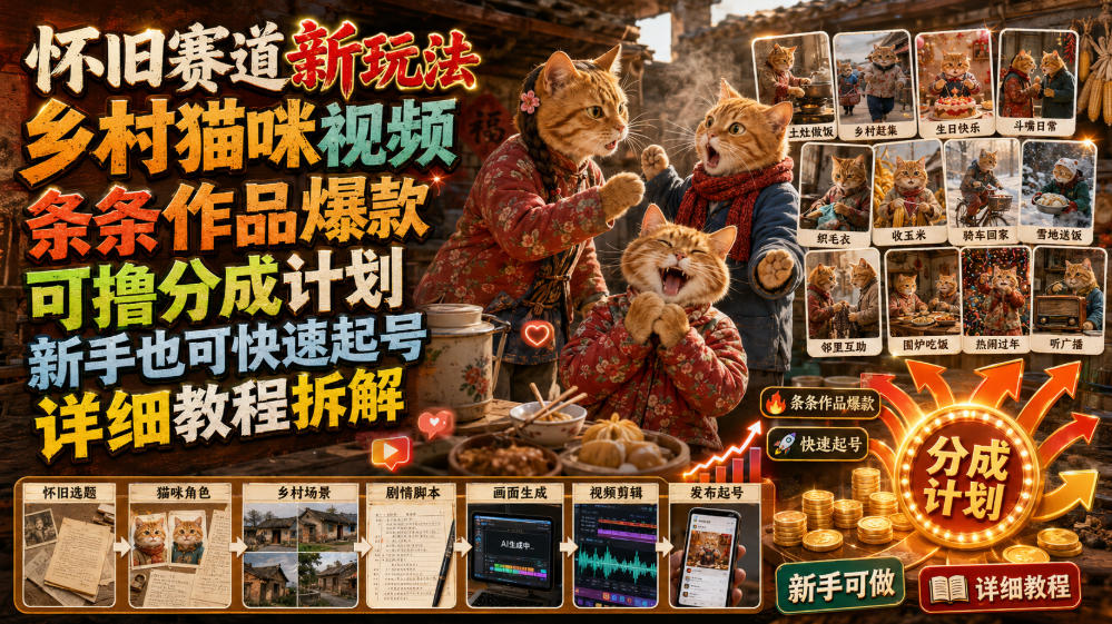 怀旧赛道新玩法，乡村猫咪视频，条条作品爆款，可撸分成计划，新手也可快速起号，详细教程拆解-网赚36计