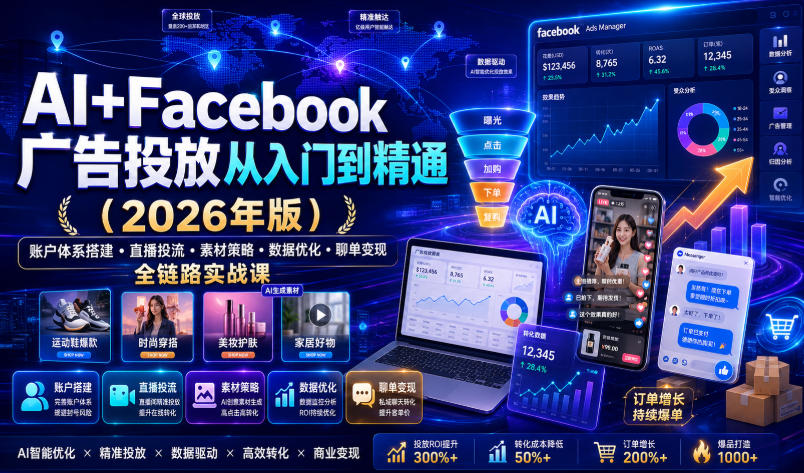 AI+Facebook广告投放从入门到精通（2026年版）｜账户体系搭建・直播投流・素材策略・数据优化・聊单变现全链路实战课-网赚36计