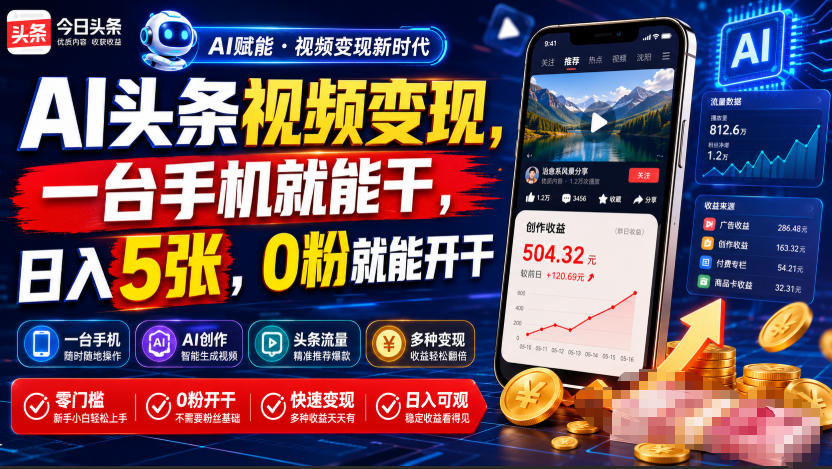 AI头条视频变现,一台手机就能干,日入5张,0粉就能开干-网赚36计