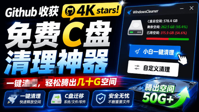 Github收获4K stars！免费C盘清理神器，轻松腾出几十G空间，支持C盘迁移Windows Cleaner-网赚36计