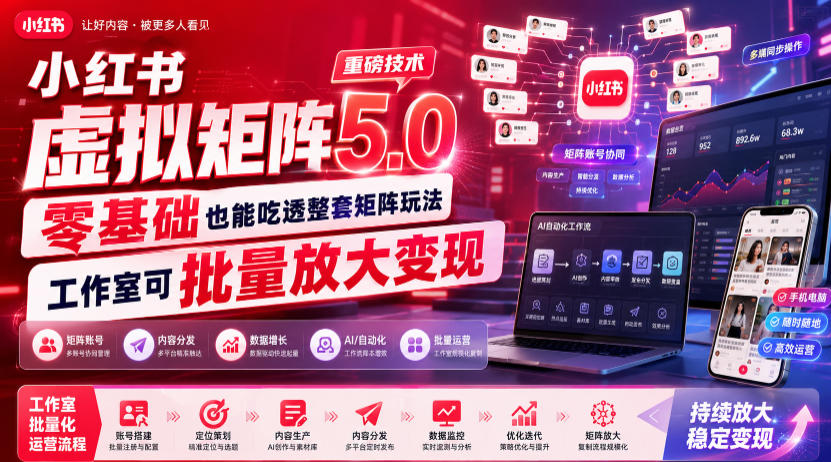 小红书虚拟矩阵5.0重磅技术，零基础也能吃透整套矩阵玩法，工作室可批量放大变现-网赚36计