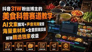 抖音31W粉丝博主的美食科普赛道教学，AI文案撰写+声音克隆配音+剪辑实操，解锁精选独家收益-网赚36计