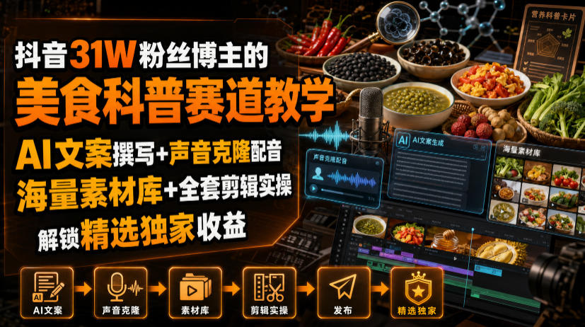 抖音31W粉丝博主的美食科普赛道教学，AI文案撰写+声音克隆配音+剪辑实操，解锁精选独家收益-网赚36计