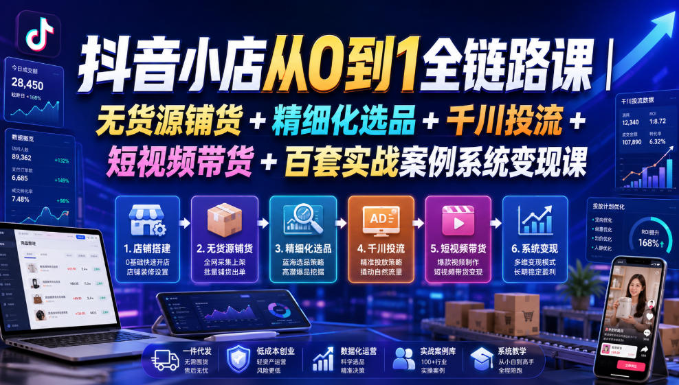 抖音小店从0到1全链路课｜无货源铺货+精细化选品+千川投流+短视频带货+百套实战案例系统变现课（2026年7月更新）-网赚36计