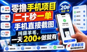 零撸手机项目，二十秒一单，手机直接截图，纯薅羊毛，一天200+做就有【揭秘】-网赚36计