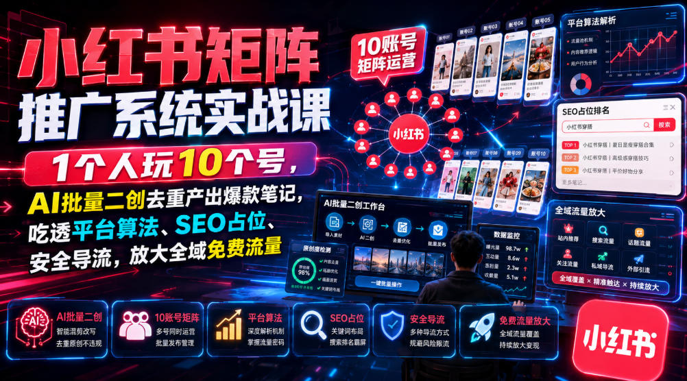 小红书矩阵推广系统实战课｜1个人玩10个号，AI批量二创去重产出爆款笔记，吃透平台算法、SEO占位、安全导流，放大全域免费流量-网赚36计