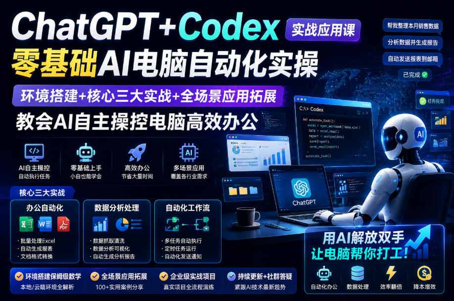 ChatGPT+Codex实战应用课｜零基础AI电脑自动化实操，环境搭建+核心三大实战+全场景应用拓展，教会AI自主操控电脑高效办公-网赚36计