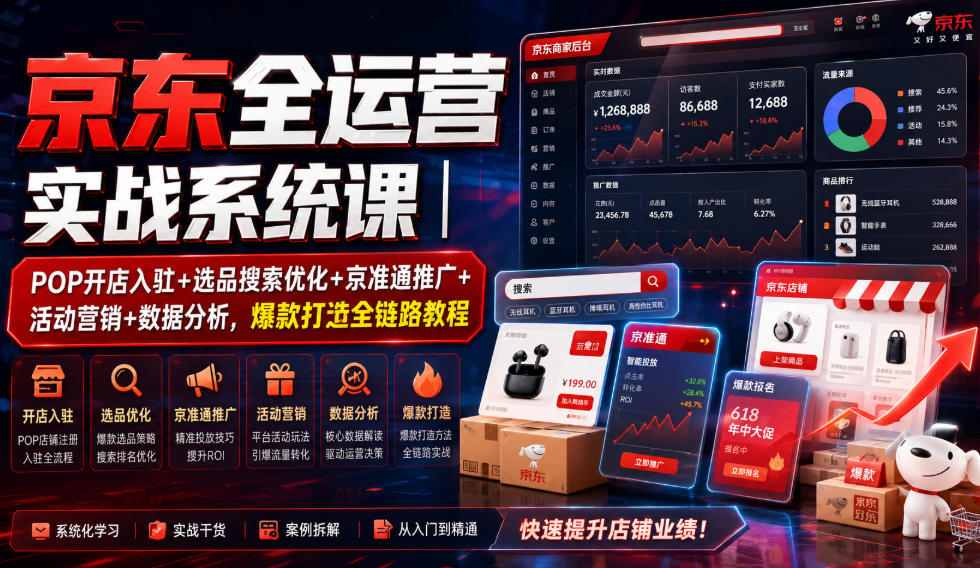 京东全运营实战系统课｜POP开店入驻+选品搜索优化+京准通推广+活动营销+数据分析，爆款打造全链路教程-网赚36计