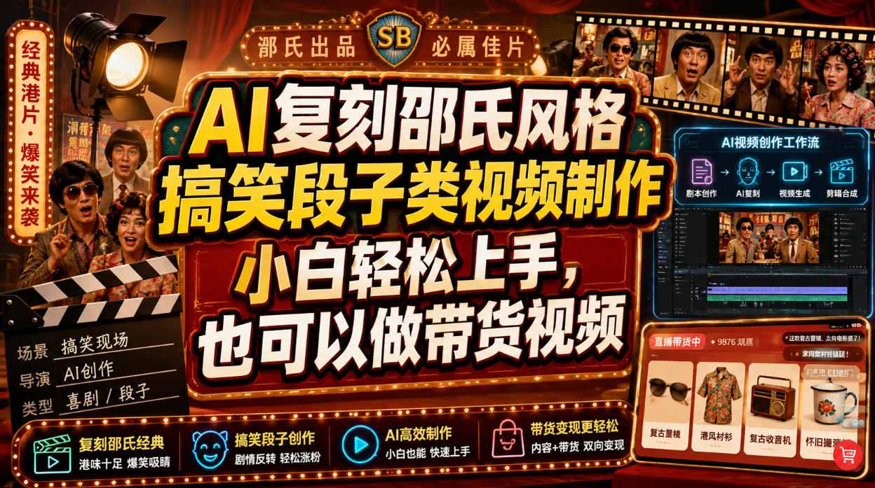 AI复刻邵氏风格搞笑段子类视频制作，小白轻松上手，也可以做带货视频-网赚36计
