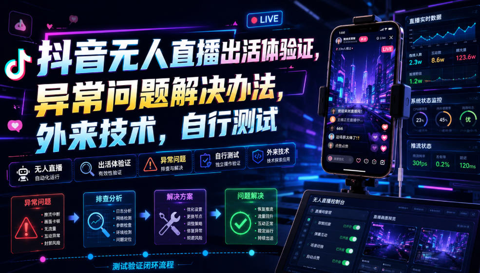 抖音无人直播出活体验证，异常问题解决办法，外来技术，自行测试-网赚36计