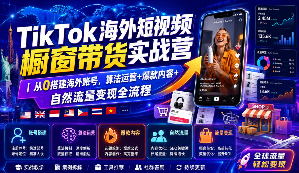 TikTok海外短视频橱窗带货实战营｜从0搭建海外账号，算法运营+爆款内容+自然流量变现全流程-网赚36计