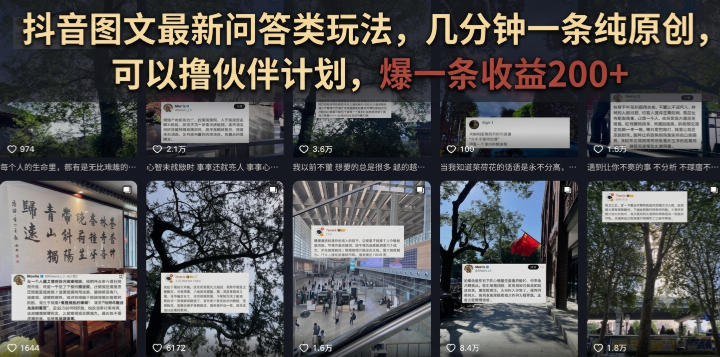 抖音图文最新问答类玩法，几分钟一条纯原创，可以撸伙伴计划，爆一条收益200+-网赚36计