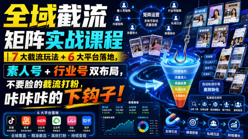 全域截流矩阵实战课程｜7大截流玩法+6大平台落地，素人号+行业号双布局，不要脸的截流打粉，咔咔咔的下钩子！-网赚36计