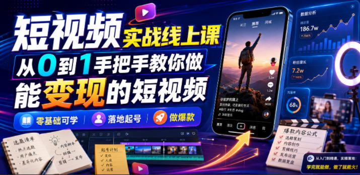 短视频实战线上课，从0到1手把手教你做能变现的短视频，零基础可学，落地起号做爆款-网赚36计