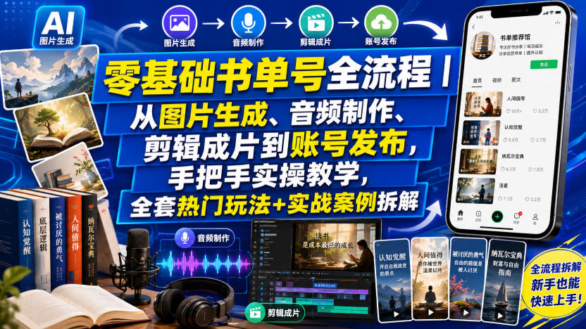 零基础书单号全流程|从图片生成、音频制作、剪辑成片到账号发布,手把手实操教学,全套热门玩法+实战案例拆解-网赚36计