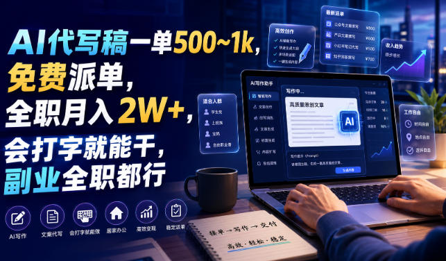 AI代写稿一单500~1k，免费派单，全职月入2W+，会打字就能干，副业全职都行【揭秘】-网赚36计