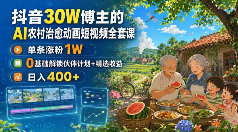 抖音30W博主的AI农村治愈动画短视频全套课|单条涨粉1W,0基础解锁伙伴计划+精选收益,日入400+-网赚36计