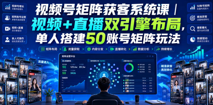 视频号矩阵获客系统课｜视频+直播双引擎布局，单人搭建50账号矩阵玩法，流量入池、搜索占位、全域引流沉淀私域全流程教学-网赚36计