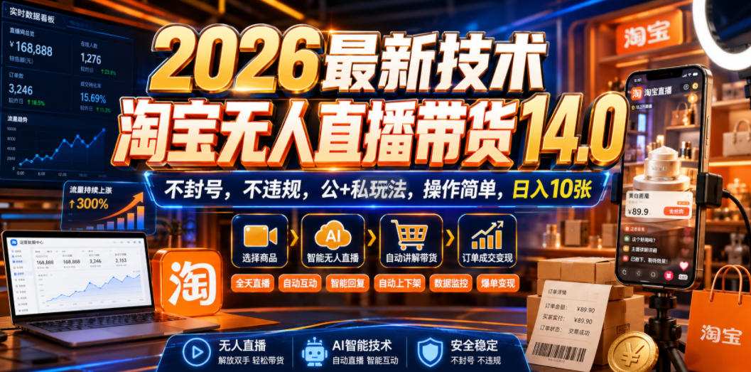 2026最新技术，淘宝无人直播带货14.0，不封号，不违规，公+私玩法，操作简单，日入10张【揭秘】-网赚36计