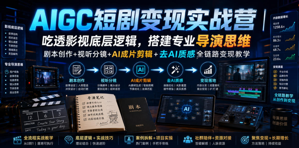 AIGC短剧变现实战营|吃透影视底层逻辑,搭建专业导演思维,剧本创作+视听分镜+AI成片剪辑+去AI质感全链路变现教学-网赚36计