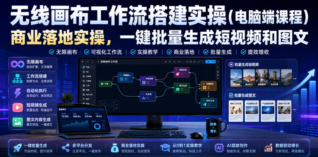 无线画布工作流搭建实操（电脑端课程），商业落地实操，一键批量生成短视频和图文-网赚36计